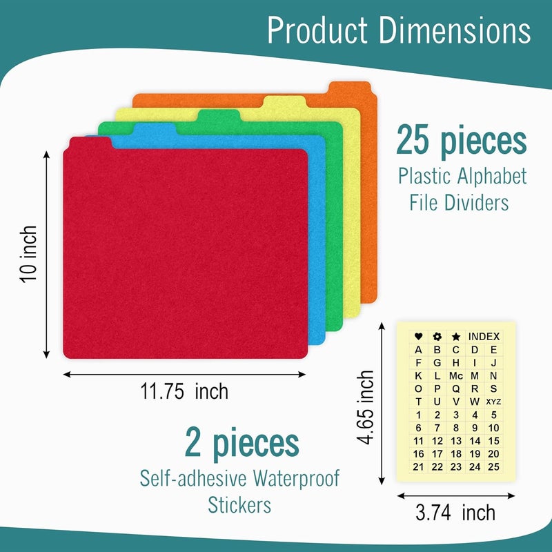 EXTRIC Alphabetical File Organizer, 25 Plastic Alphabet Dividers with Tabs Letter Size File Cabinet Dividers, Self Adhesive A-Z Labels – 5 Assorted Colors, 1/5 Cut Tabs for Filing Cabinet - Image 3